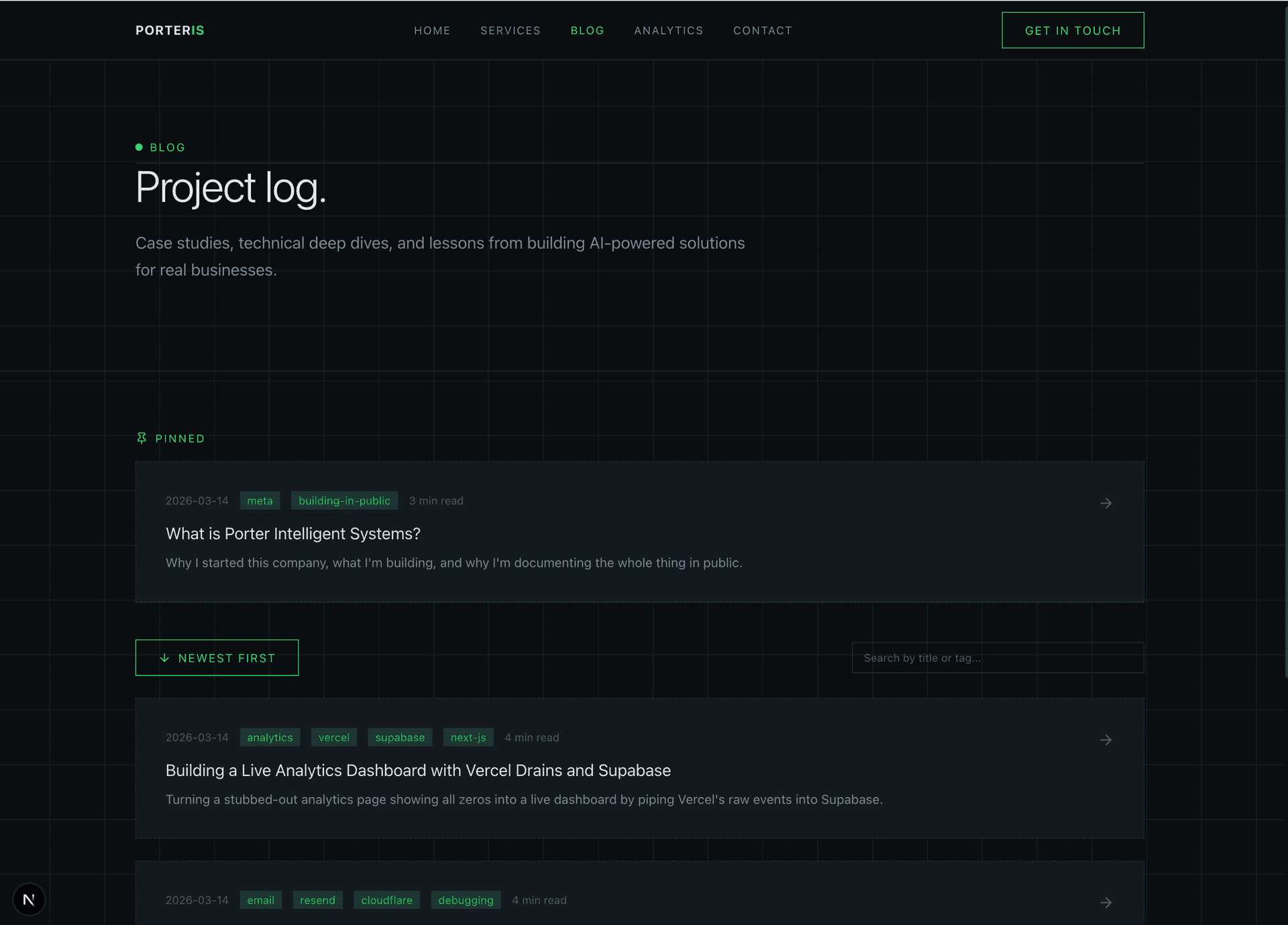Blog page after: pinned section at top, sort toggle and search bar, filtered post list
