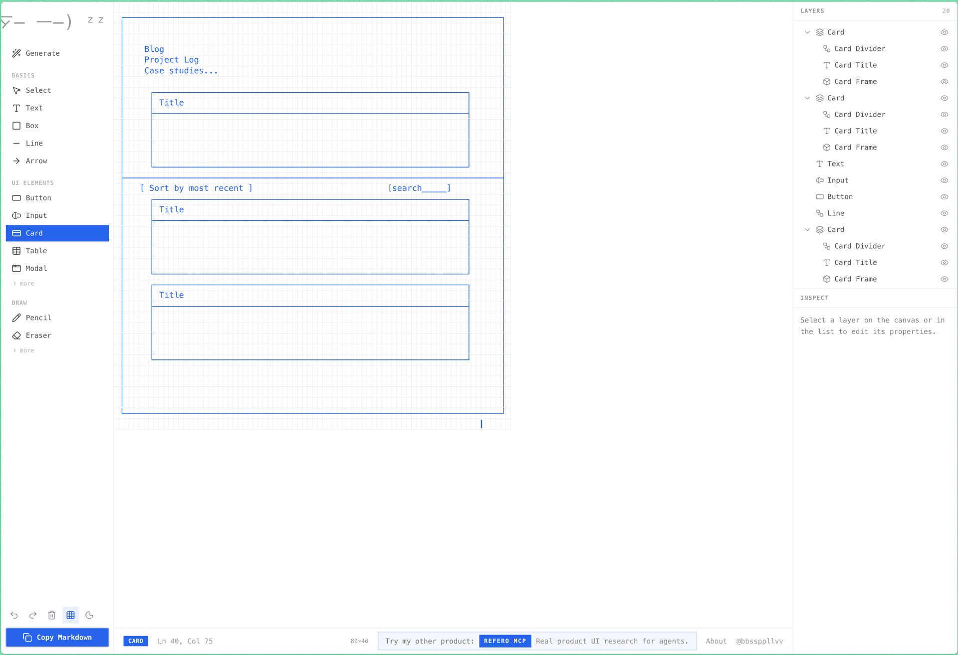 ASCII wireframe of the blog page layout created in mockdown.design