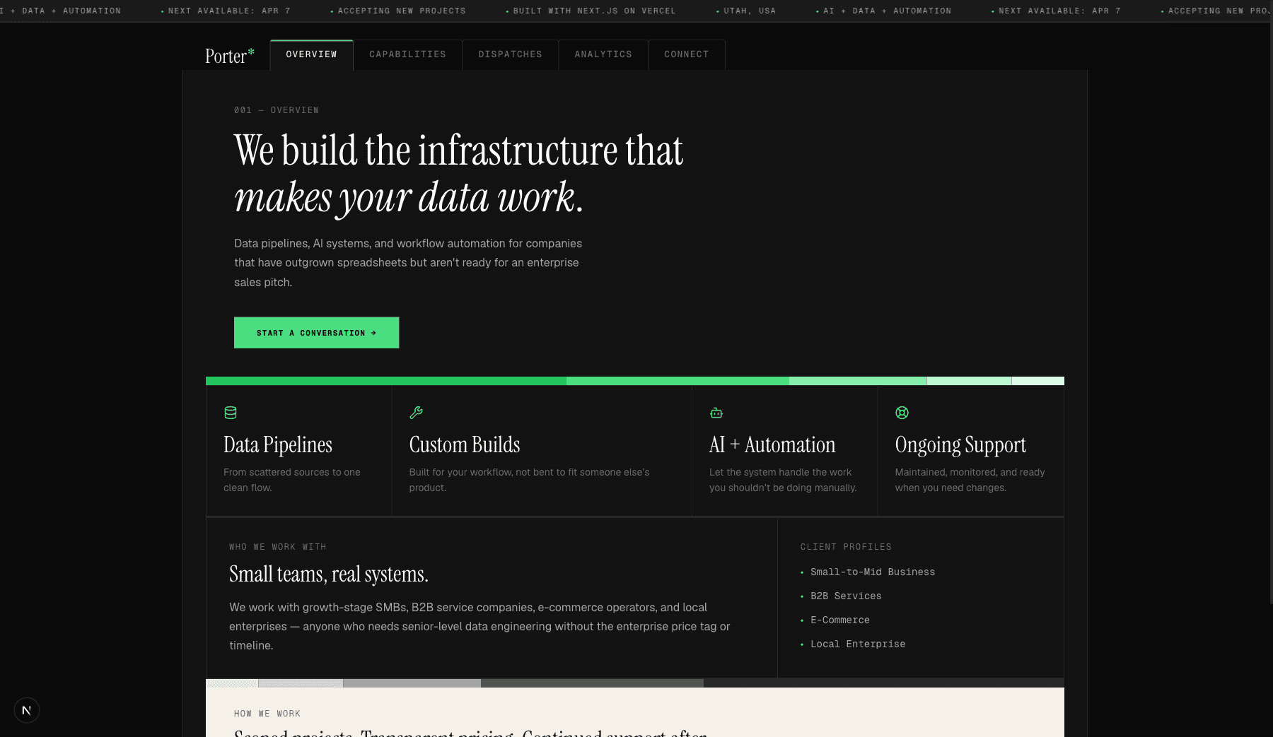 Binder-tab navigation with Instrument Serif logo, Geist Mono labels, and green active indicator