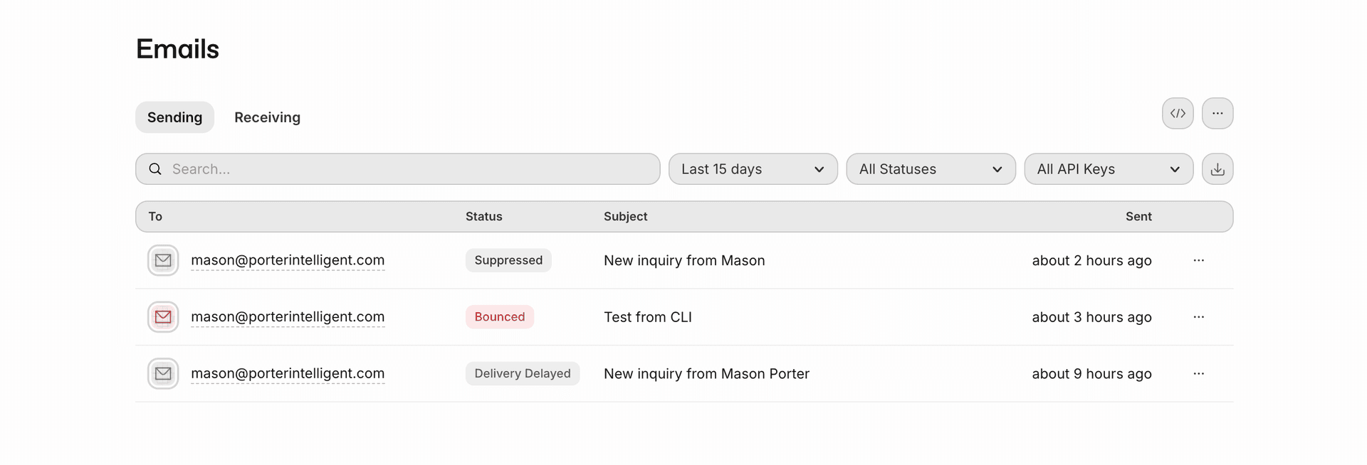 Resend dashboard showing Suppressed, Bounced, and Delivery Delayed statuses