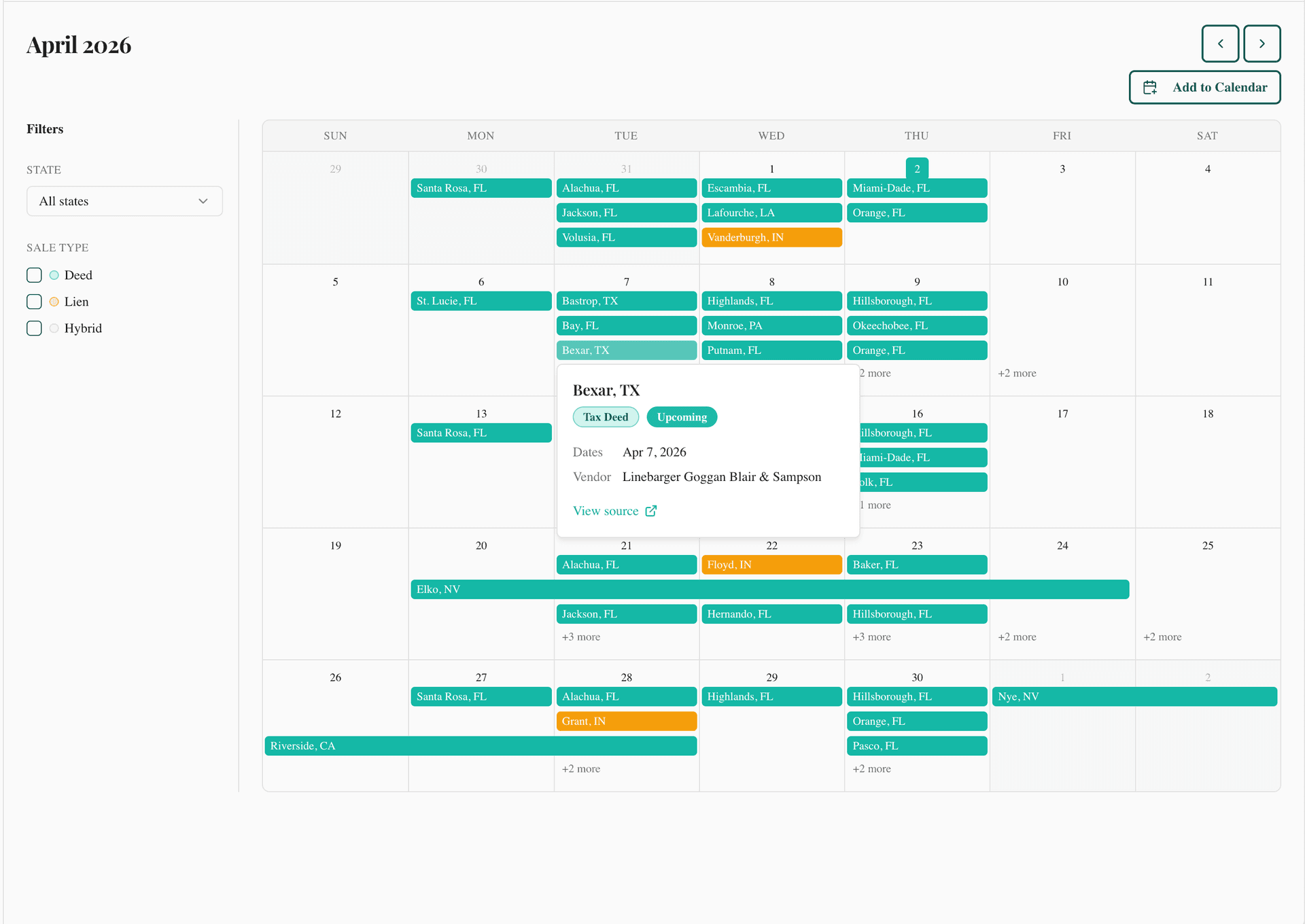Auction detail popover showing county, sale type, dates, and vendor