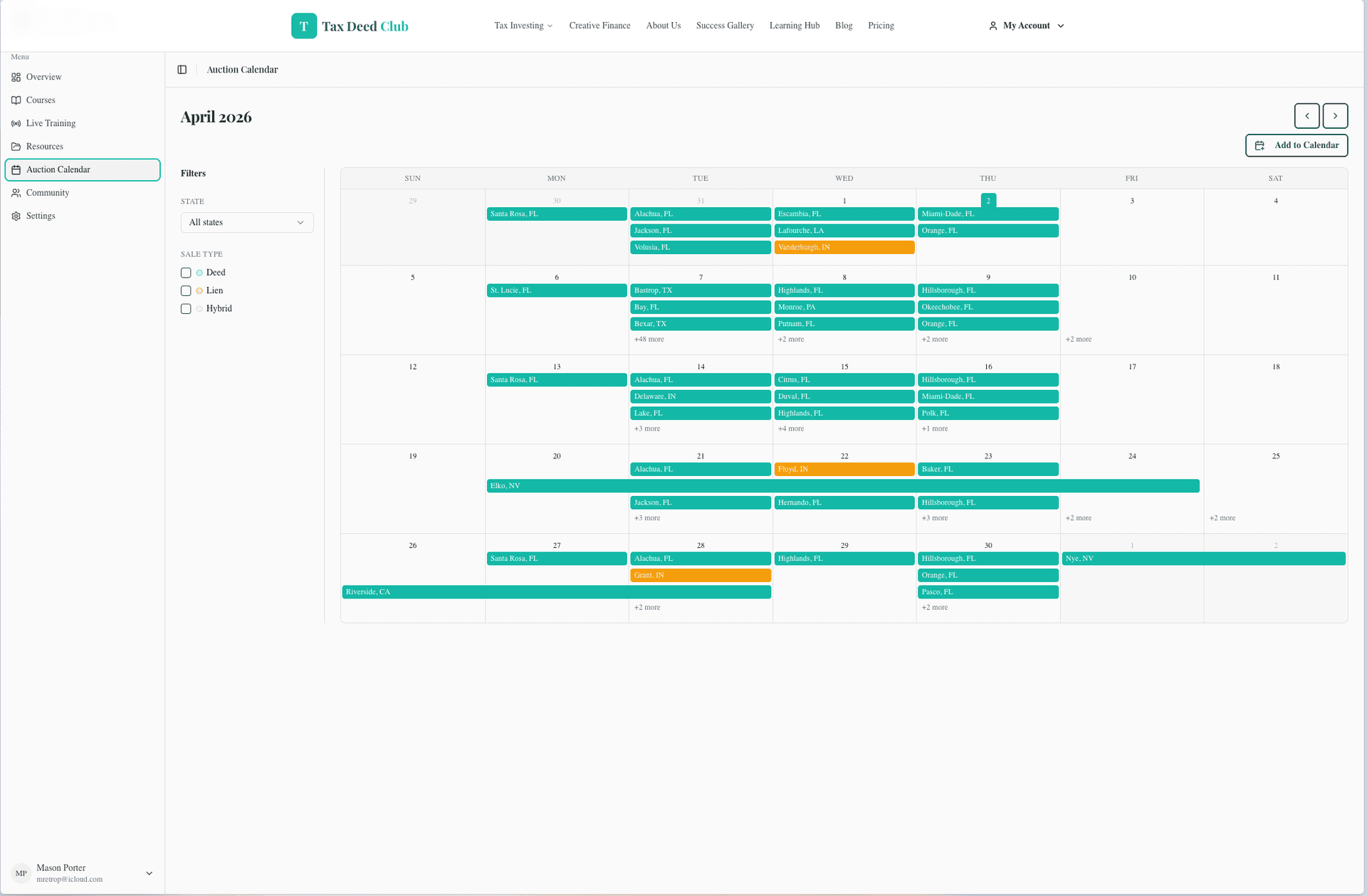 Tax auction calendar showing upcoming sales by county and state